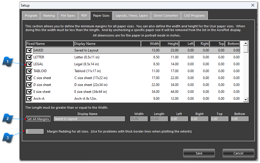 Paper Sizes Tab